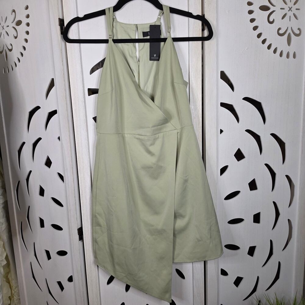 Lulus Women's What A Stunner Satin Asymmetrical Wrap Dress Sage Green Size Small